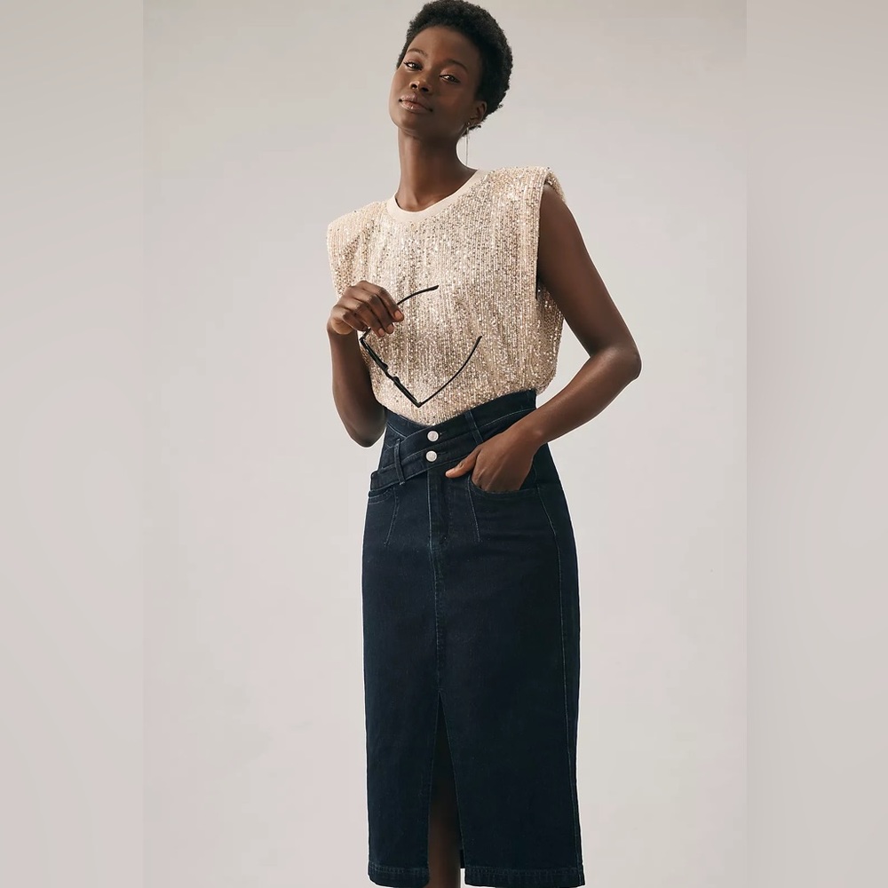 Anthropologie Pilcro Double-Waist Denim Midi Skirt, Size 6